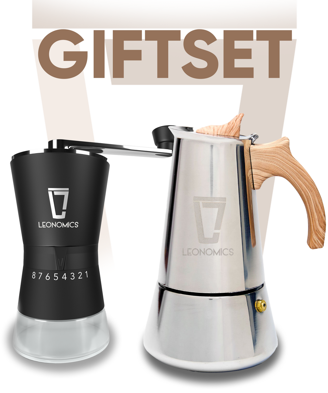 Leonomics Giftset - Handmatige koffiemolen (groot) & Moka pot